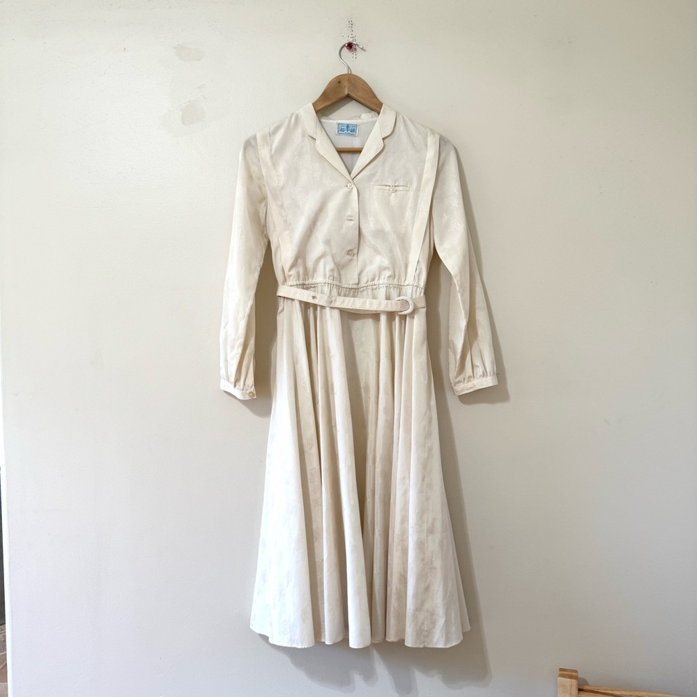 Vintage 70s Dress long sleeve midi belted ivory cream medium